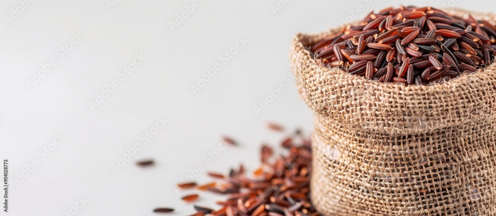 Poster bag of wild red rice on white backdrop with copy space image