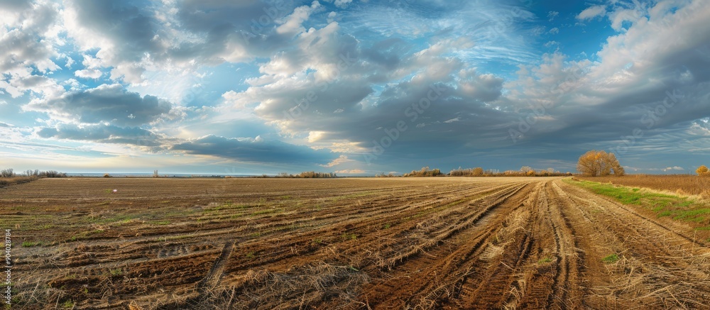Poster autumn landscape with agricultural fields showcasing grass and soil under a cloudy sky perfect for a