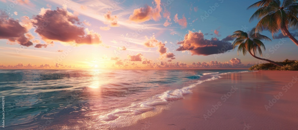 Poster sandy shore with palm trees a calm ocean and a sunset ideal for relaxation or a vacation with availa