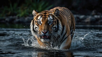 Naklejka premium A majestic tiger walks through water, creating splashes as it moves, showcasing its strength and grace.