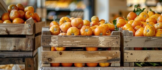 Close up front view of wooden crates in the fruit section of a food store displaying ripe orange persimmons with copy space image
