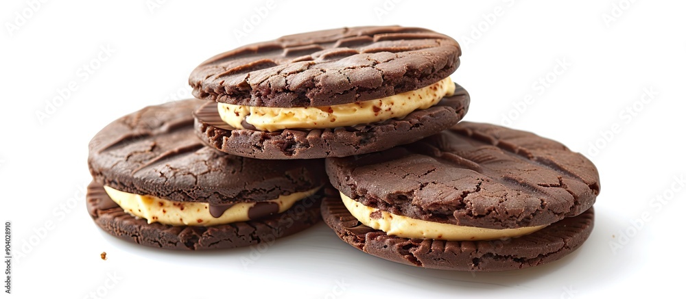 Poster delicious homemade cookies with chocolate and custard filling isolated on a white background with co