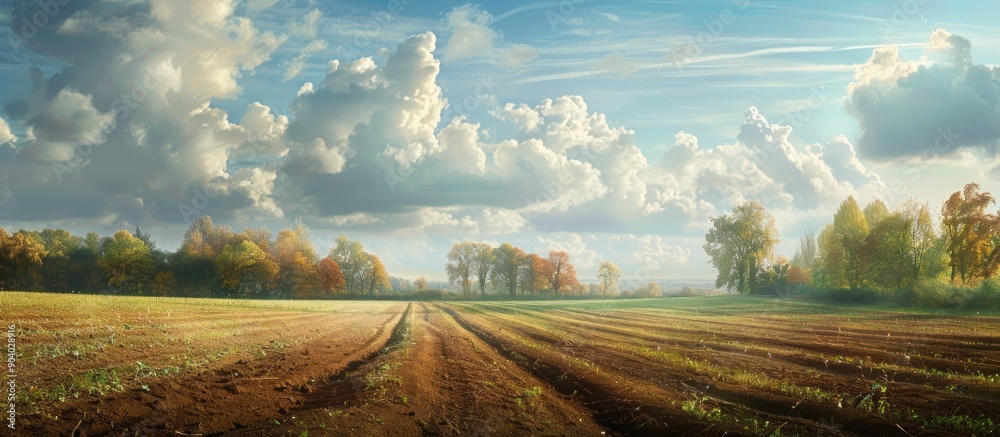 Poster Autumn landscape with agricultural fields showcasing grass and soil under a cloudy sky perfect for a copy space image
