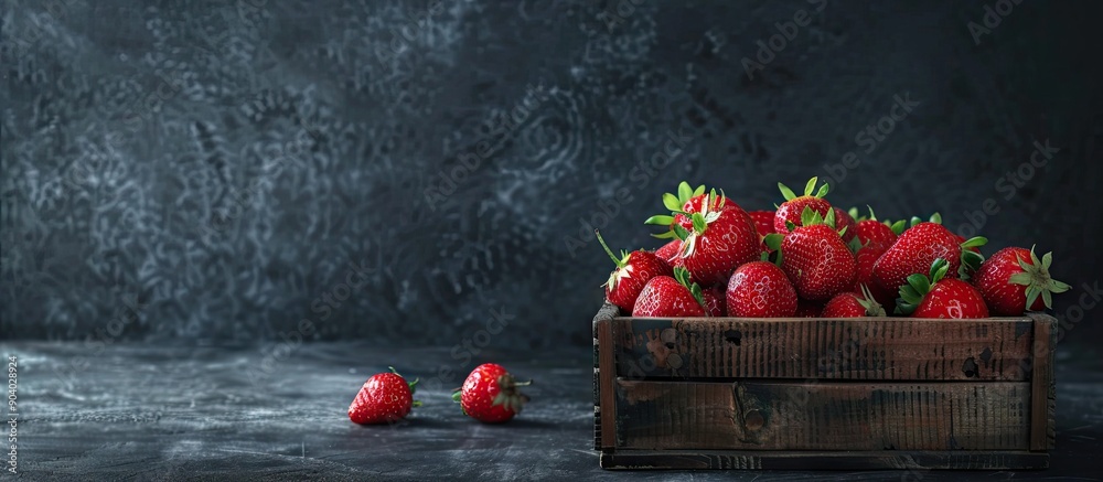 Poster strawberries arranged in a wooden box on a dark backdrop below a blank copy space image