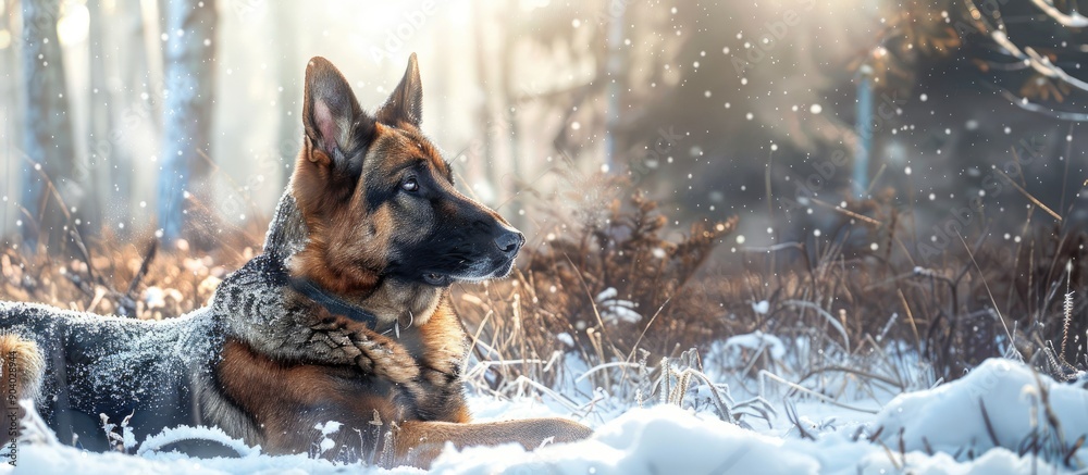 Aufkleber a german shepherd dog is pictured in a snowy forest creating a tranquil and peaceful copy space imag