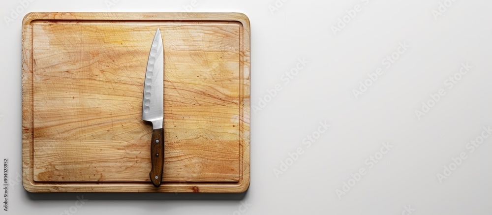 Poster Knife resting on a cutting board with a white background perfect for adding your own content in the copy space image