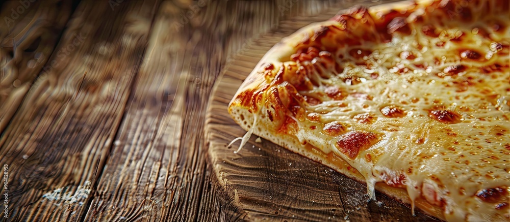 Poster a freshly baked pizza slice topped with gooey melted cheese displayed on a rustic wooden table with 