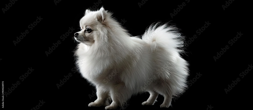 Aufkleber white pomeranian spitz dog poses in front of a black background in a standing position presenting a 