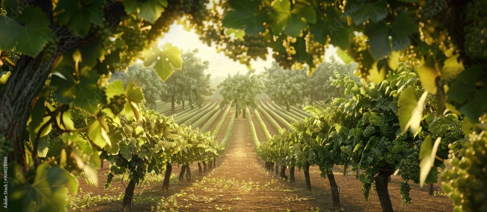 Poster view of a vineyard through the fresh leaves of trees with copy space image