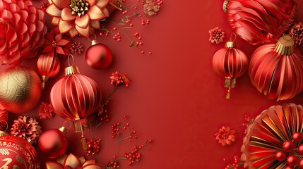 Festive background Happy New Year in Asian style. Happy Chinese New Year banner background template. Decoration with traditional festival lanterns on a red background.