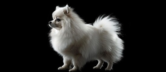 Fototapeta premium White Pomeranian Spitz dog poses in front of a black background in a standing position presenting a fluffy and cute appearance with copy space image available
