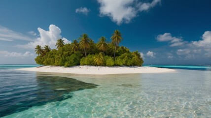 A serene tropical island oasis surrounded by crystal-clear turquoise waters and lush palm trees under a bright blue sky.