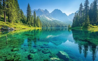Fototapeta premium A peaceful lakeside with crystal clear water reflecting the surrounding trees 