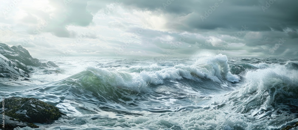 Poster The ocean waves crashing against the rocky coastline create a scenic view with ample copy space image