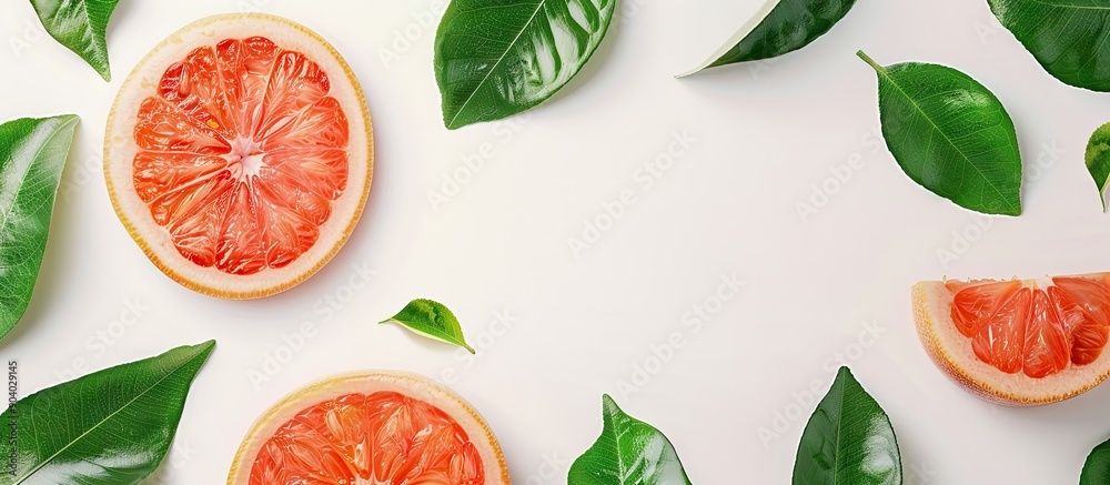 Poster isolated on a white backdrop a grapefruit slice with lush leaves creates an appealing copy space ima