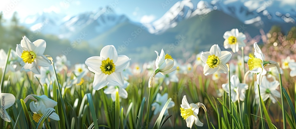 Poster stunning narcissus blooming in the spring with a breathtaking backdrop perfect for a copy space imag