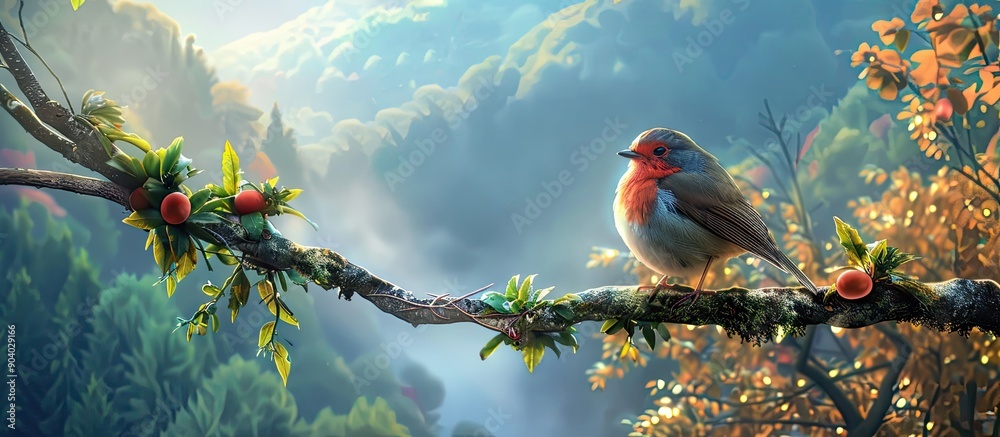 Poster A lovely bird resting on a tree branch with a scenic view beneath it perfect for a copy space image