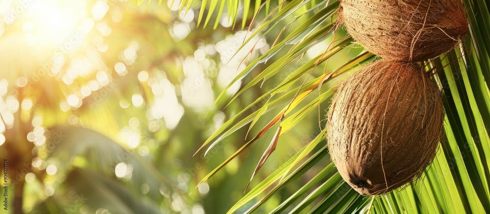 Poster a fresh coconut hanging on the palm tree with a blank background ideal for copy space image