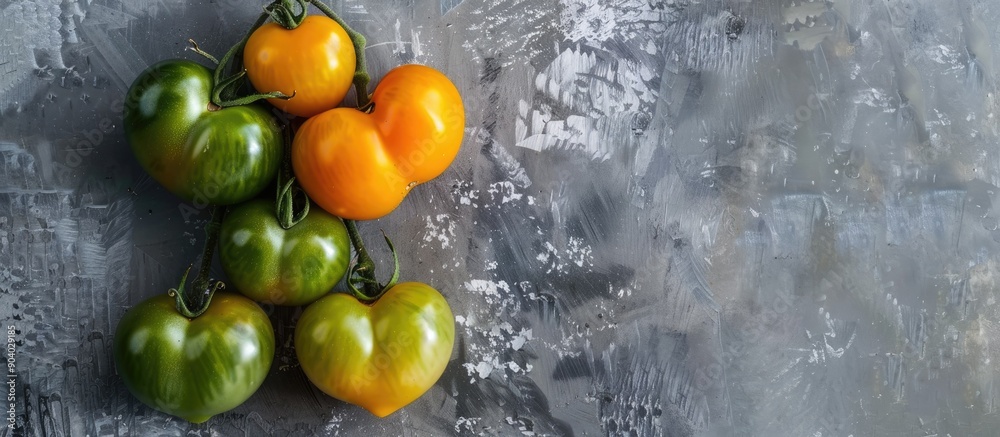 Poster heart shaped green and yellow tomatoes arranged on a grey backdrop with copy space image