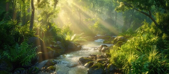 A sunbeam filters through the lush green foliage as a rocky stream winds through the woodland creating a serene natural scene with a copy space image