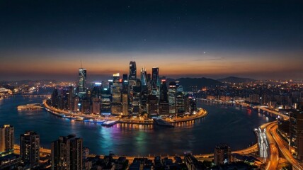 Naklejka premium A breathtaking nighttime skyline of a vibrant city with shimmering lights and a winding river under a starlit sky.
