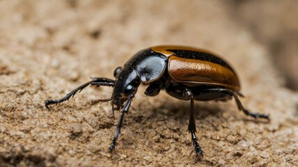 Close-up of a black and brown beetle on textured soil, showcasing its intricate features and shiny exoskeleton.