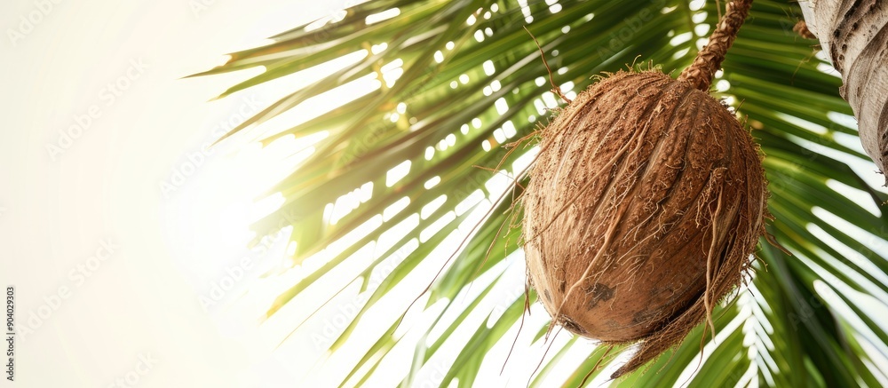 Poster a fresh coconut hanging on the palm tree with a blank background ideal for copy space image