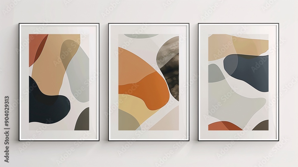 Fototapete a trio of minimalistic abstract posters with a seamless continuous image, displayed on a white backg