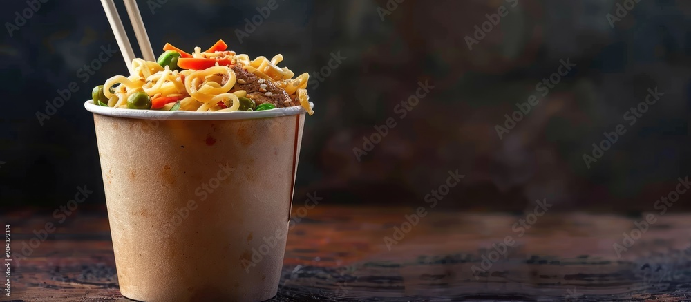 Poster Instant ramen noodles with beef and vegetables in a paper cup with space for adding images. . image with copy space