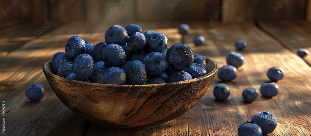 Poster blueberries displayed in a clean bowl on a wooden surface offering a spacious copy space image
