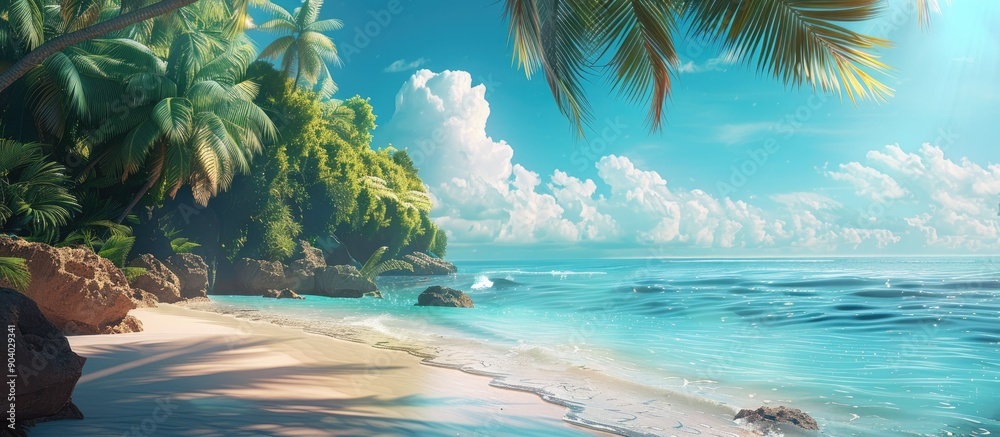 Poster excited for a summer getaway at a tropical beach with palm trees perfect for a copy space image