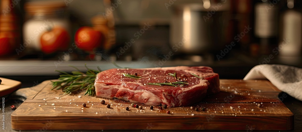 Poster a pork steak being prepared on a wooden cutting board with copy space image