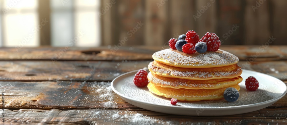 Poster delicious syrniki pancakes topped with powdered sugar and berries over a wooden table with copy spac