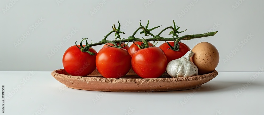 Poster Close up view of five red tomatoes on a twig two eggs and a garlic head on a clay plate against a white backdrop providing copy space image