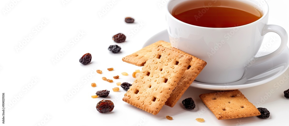 Poster sweet hard chuck crackers with raisins and a cup of tea on a white background with copy space image