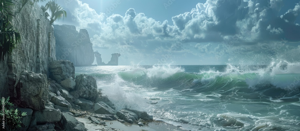 Poster Coastal scene with ocean waves crashing against an old wall and rock creating a serene copy space image