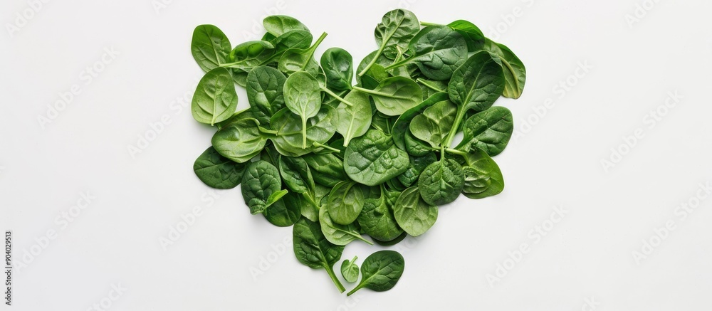 Poster heart shaped arrangement of baby spinach leaves on a white background symbolizing a healthy heart co