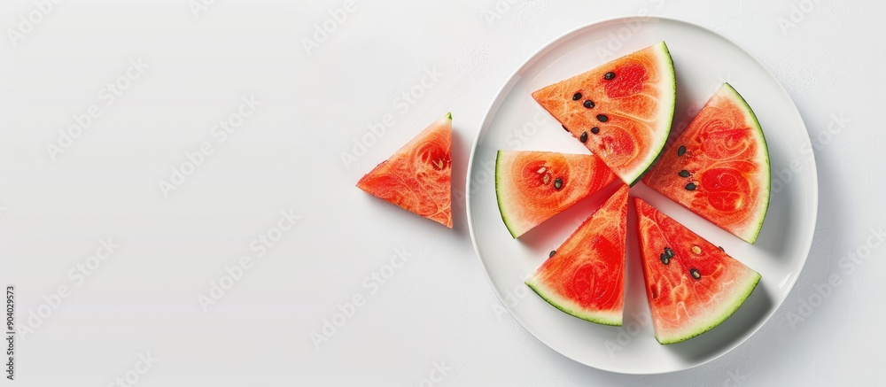 Poster a plate showcasing fresh watermelon slices on a white backdrop with copy space image