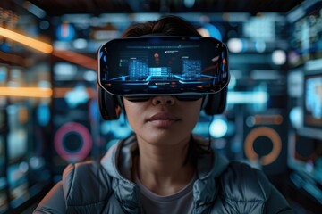 A person wearing a VR headset interacts with a dynamic virtual environment filled with information panels, emphasizing the integration of technology and human engagement.