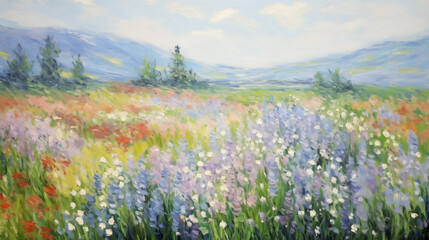 Vibrant summer landscape with wildflowers beneath a serene sky