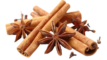 Anise star and cinnamon sticks on transparent background