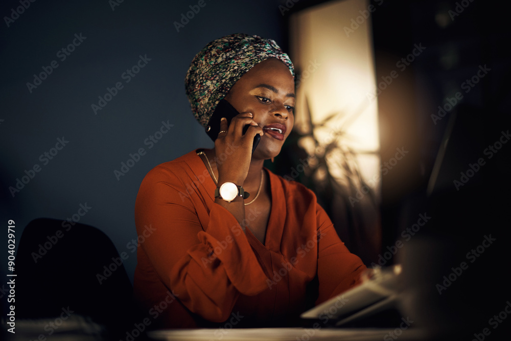 Poster phone call, black woman and communication at night with computer for networking and feedback. consul