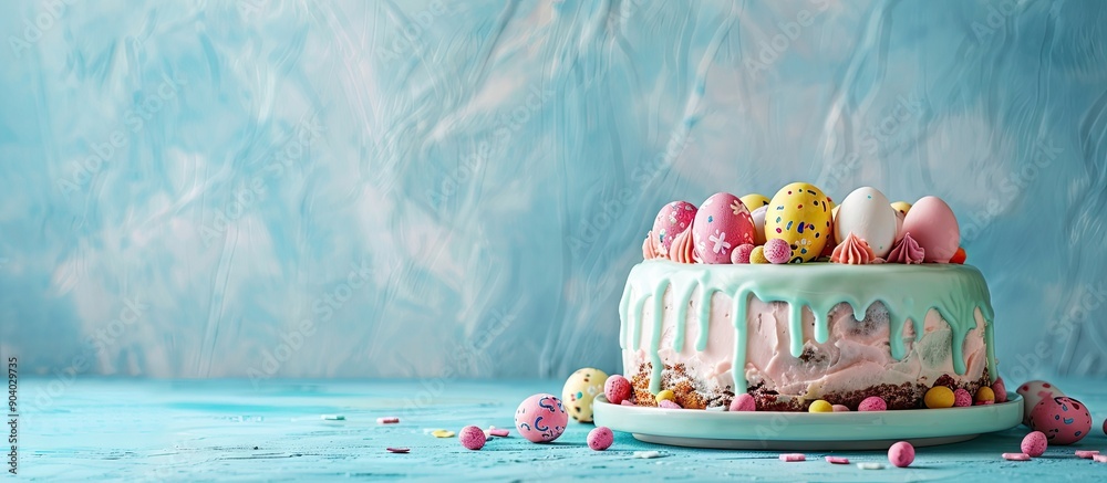Poster An Easter cake displayed against a serene blue backdrop with ample copy space image