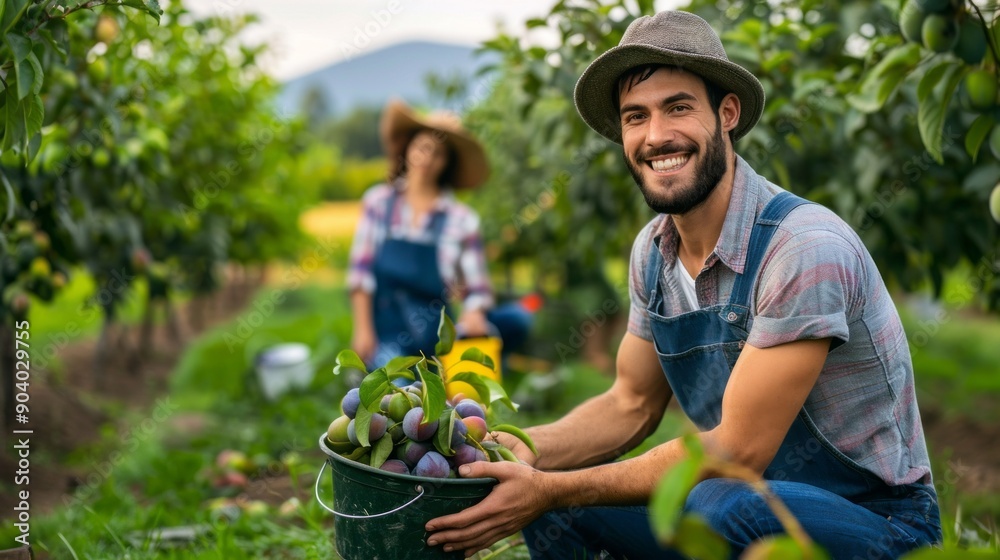 Poster caucasian man squatting beside plum trees with bucket full of plums.
