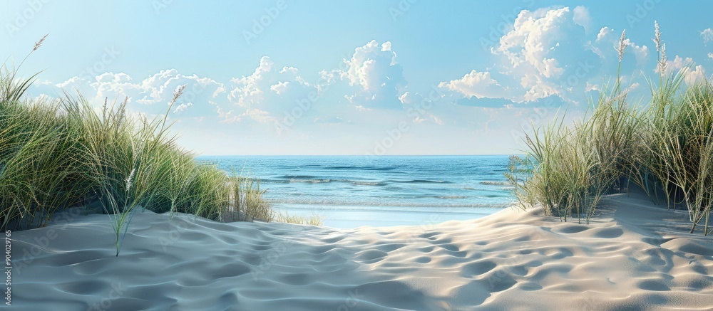 Poster A serene summer scene with a sandy beach in the front and the ocean in the back perfect as a copy space image