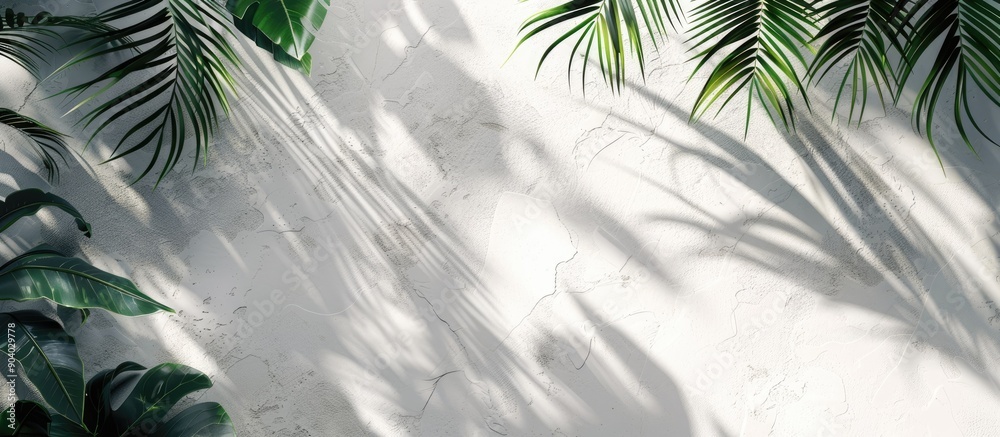 Aufkleber Nature s tropical leaves cast shadows and light on a white wall background creating a shadow overlay effect for a background wallpaper with a copy space image