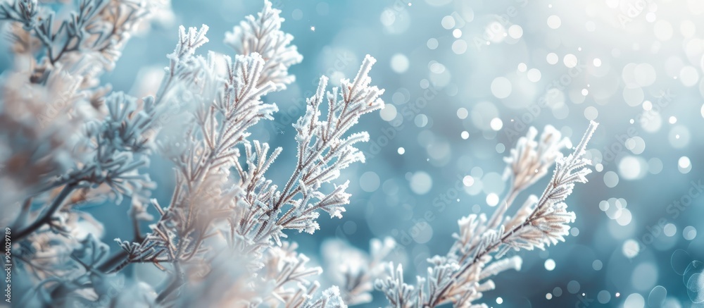 Poster frost covered branches on a cold day with snowflakes capture the serene beauty with a stunning copy 