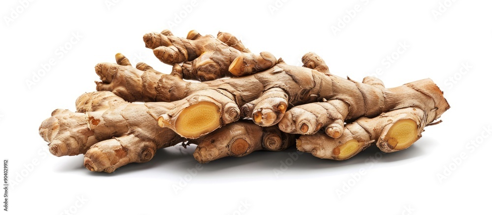 Poster fresh ginger rhizome close up isolated on white background with copy space image
