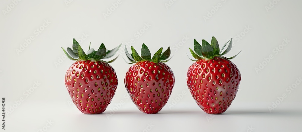 Aufkleber three red ripe strawberries arranged nicely on a plain white backdrop suitable for a copy space imag