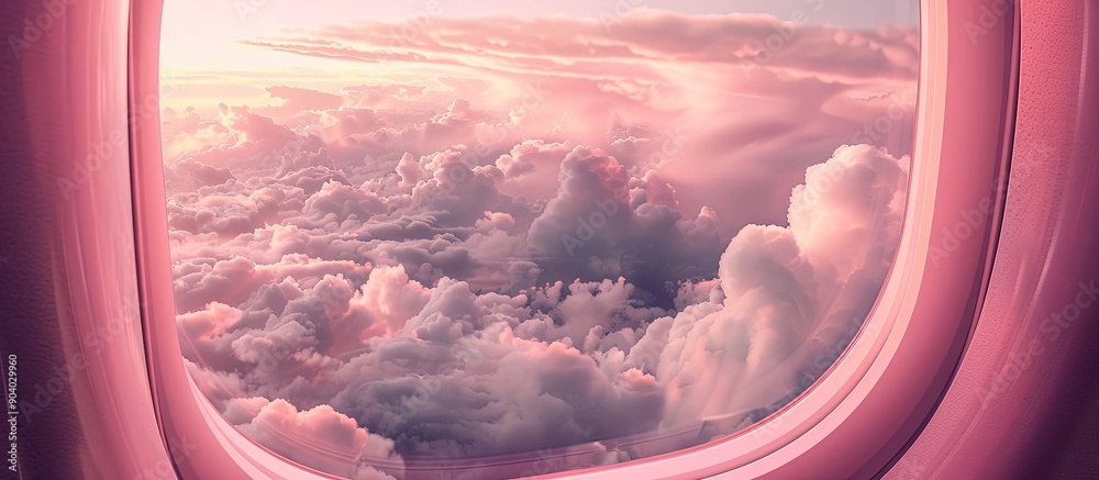 Aufkleber A stunning view of a pink sky with fluffy clouds from the airplane s window ready for a copy space image